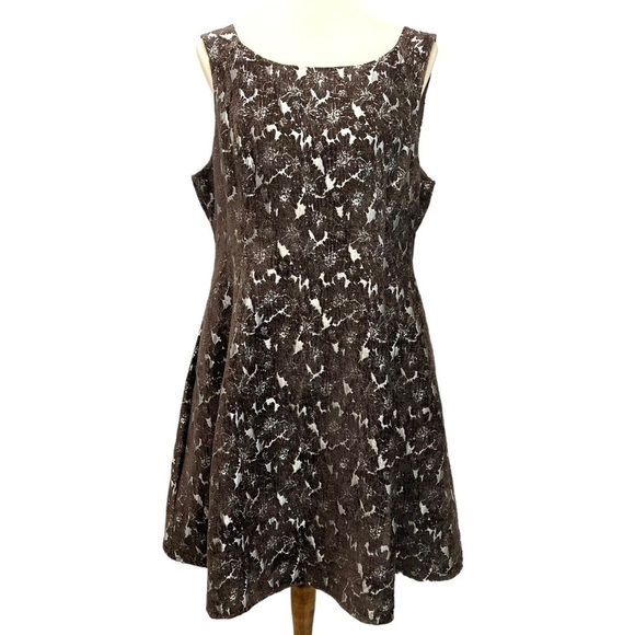 ModCloth Genuine Joy Silver & Brown Flocked Floral A Line Dress Women’s XL - Picture 4 of 13